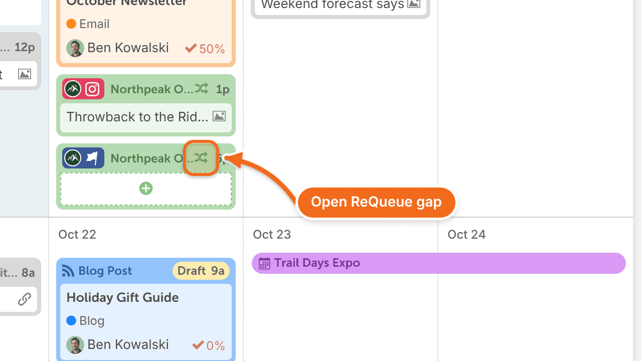 A ReQueue message on the calendar and, below it, an open ReQueue gap that ReQueue will fill.