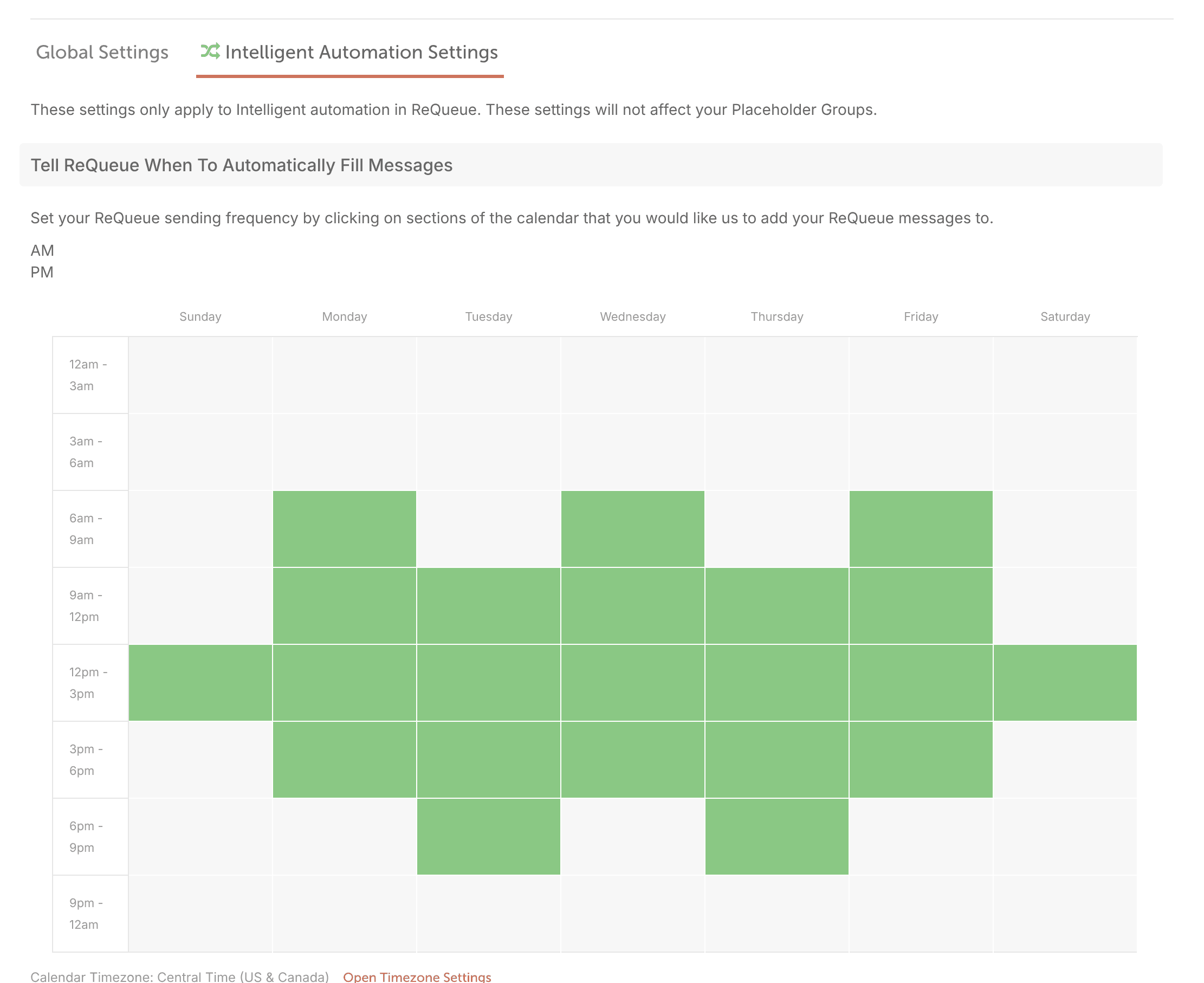Intelligent Automation Settings in ReQueue, with the weekly grid of days and times when ReQueue fills open slots.