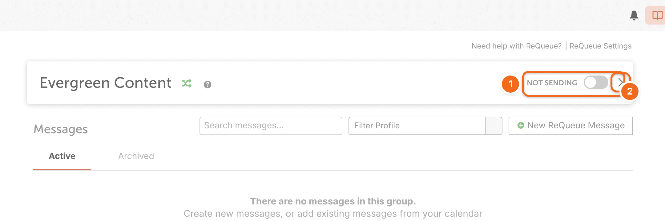 A ReQueue group turned off (Not Sending), with the arrow beside the toggle that opens its settings.