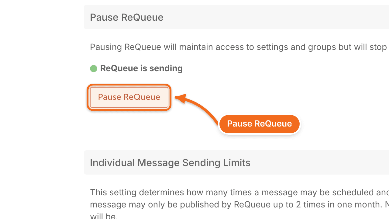 ReQueue settings in Power Ups with the Pause ReQueue button, which stops all ReQueue messages.