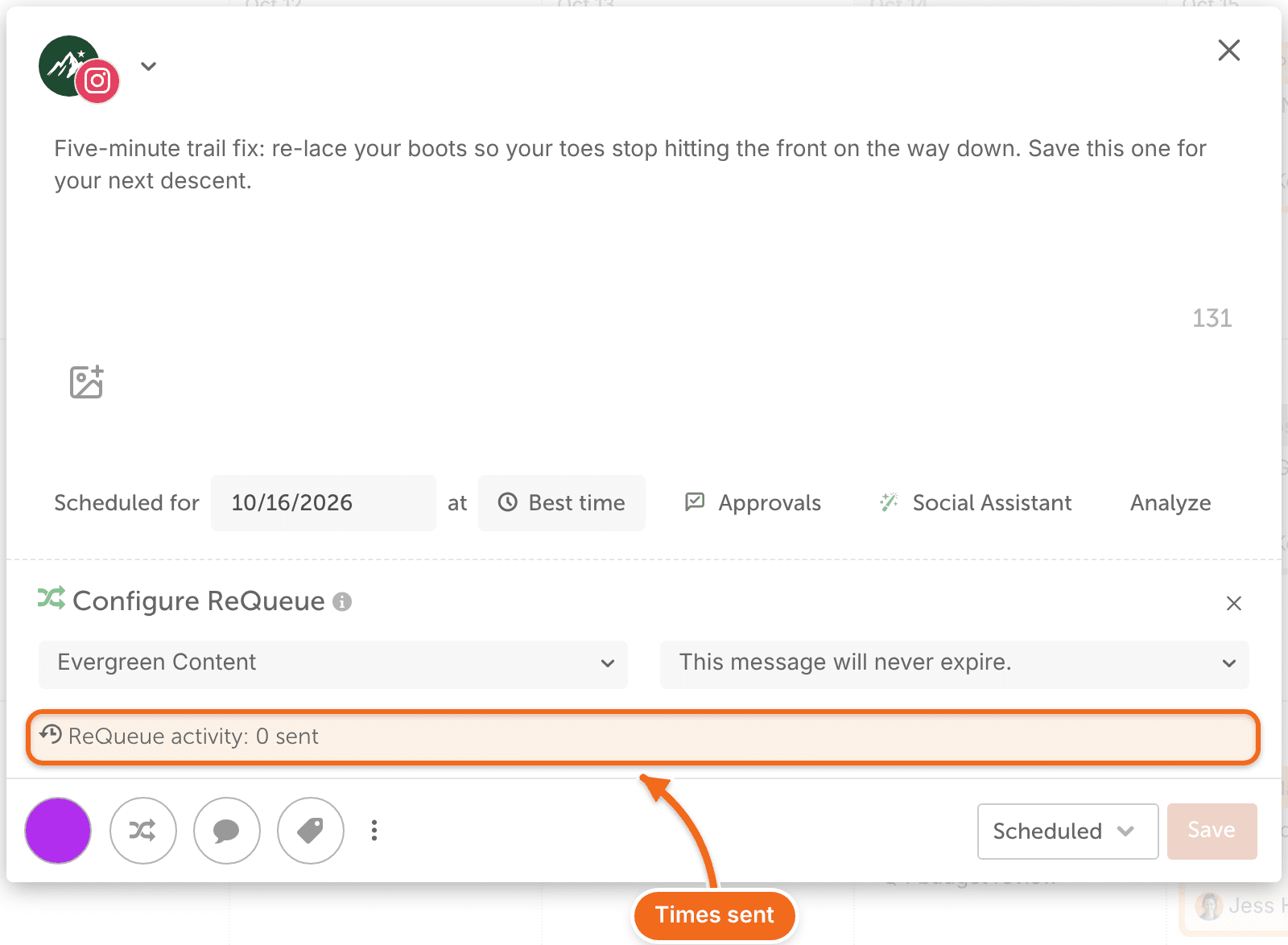 ReQueue options in a social message, with ReQueue activity showing how many times it has been sent.