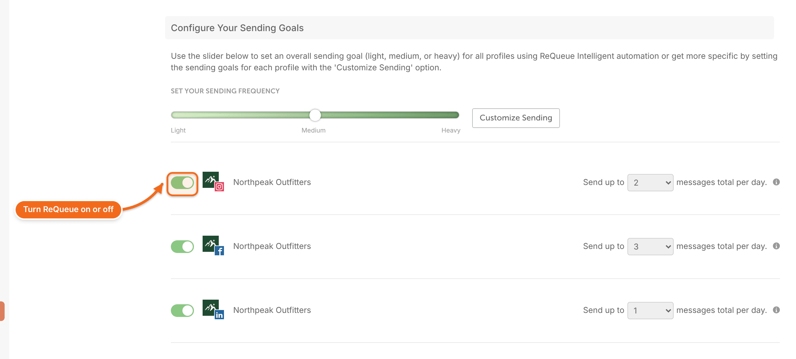 Configure Your Sending Goals in ReQueue, with a toggle and a daily sending goal for each social profile.