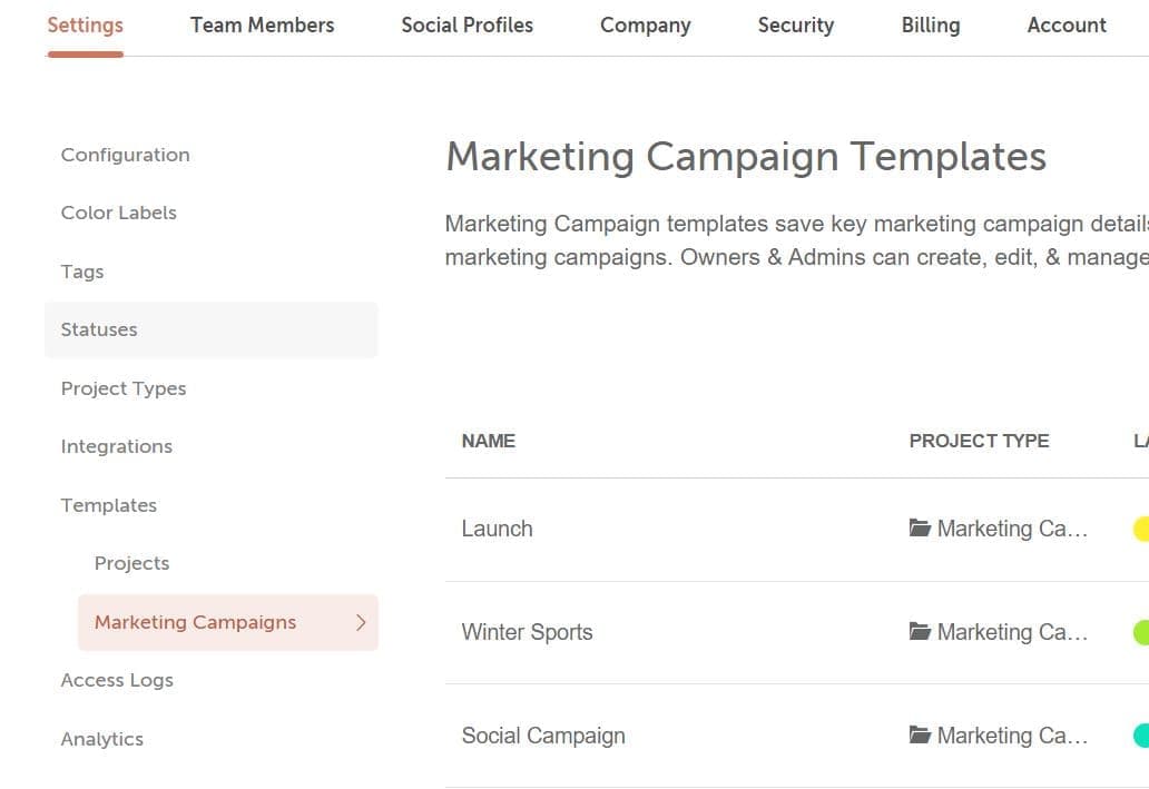 Calendar settings menu with the marketing campaign option under Templates highlighted.