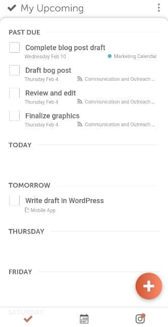 My Upcoming tab in the CoSchedule mobile app, listing your tasks, opened from the checkmark at the bottom.