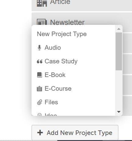 Add New Project Type menu open, with the New Project Type option for creating your own type.