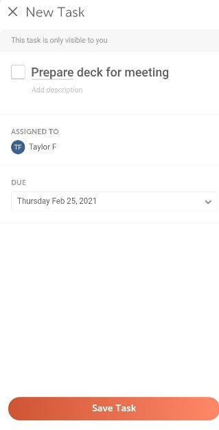 Mobile app form for a new personal task, with a task name and an optional due date.