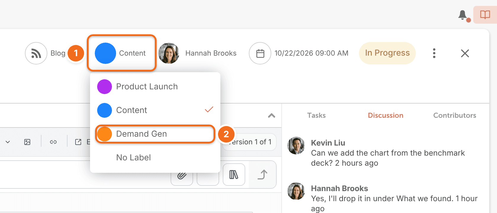 Open project with the Label menu at the top, choosing a color label for the project.
