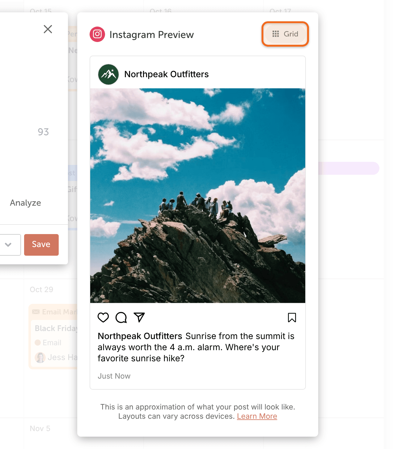 "Instagram Preview" in the social composer with the "Grid" button highlighted at the top right.