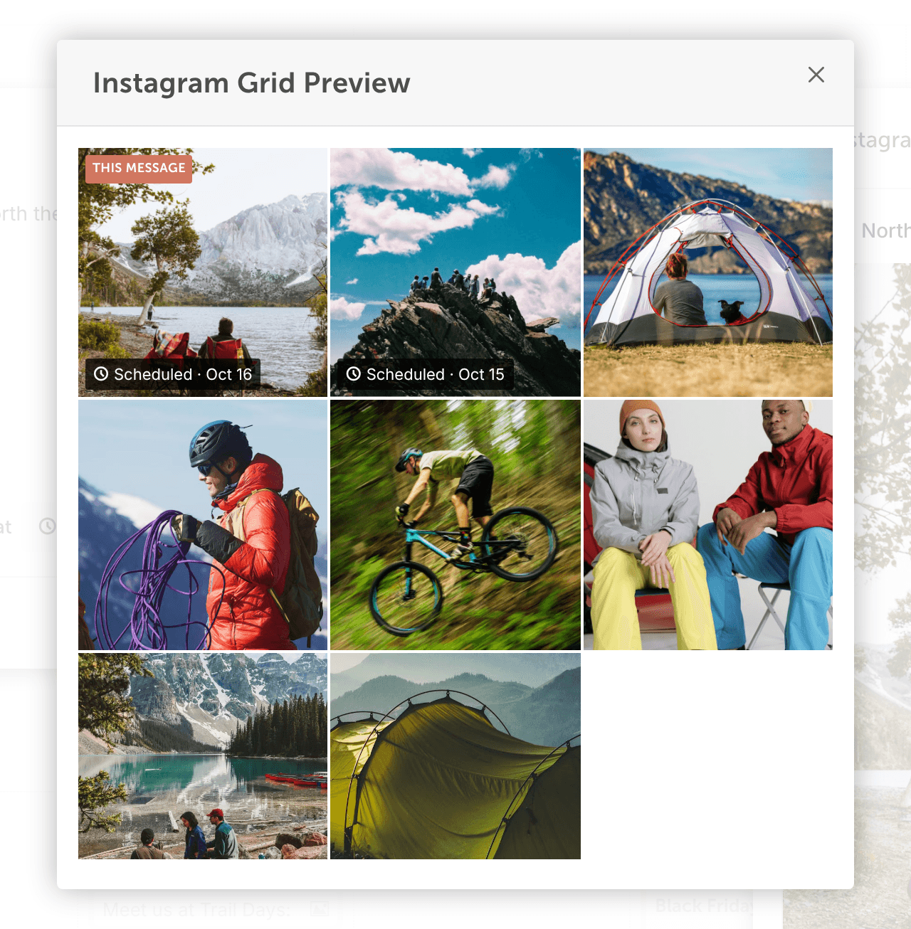 The "Instagram Grid Preview" window showing the new post marked "This Message" beside scheduled and published posts.