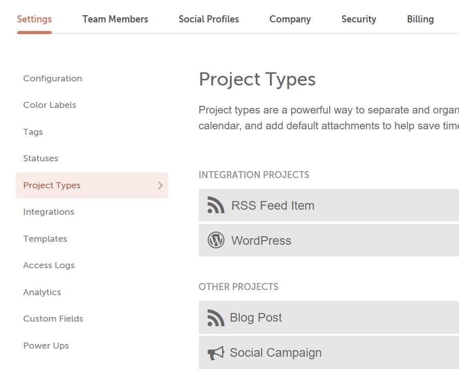 Settings with Project Types selected, showing the list of project types on the calendar.