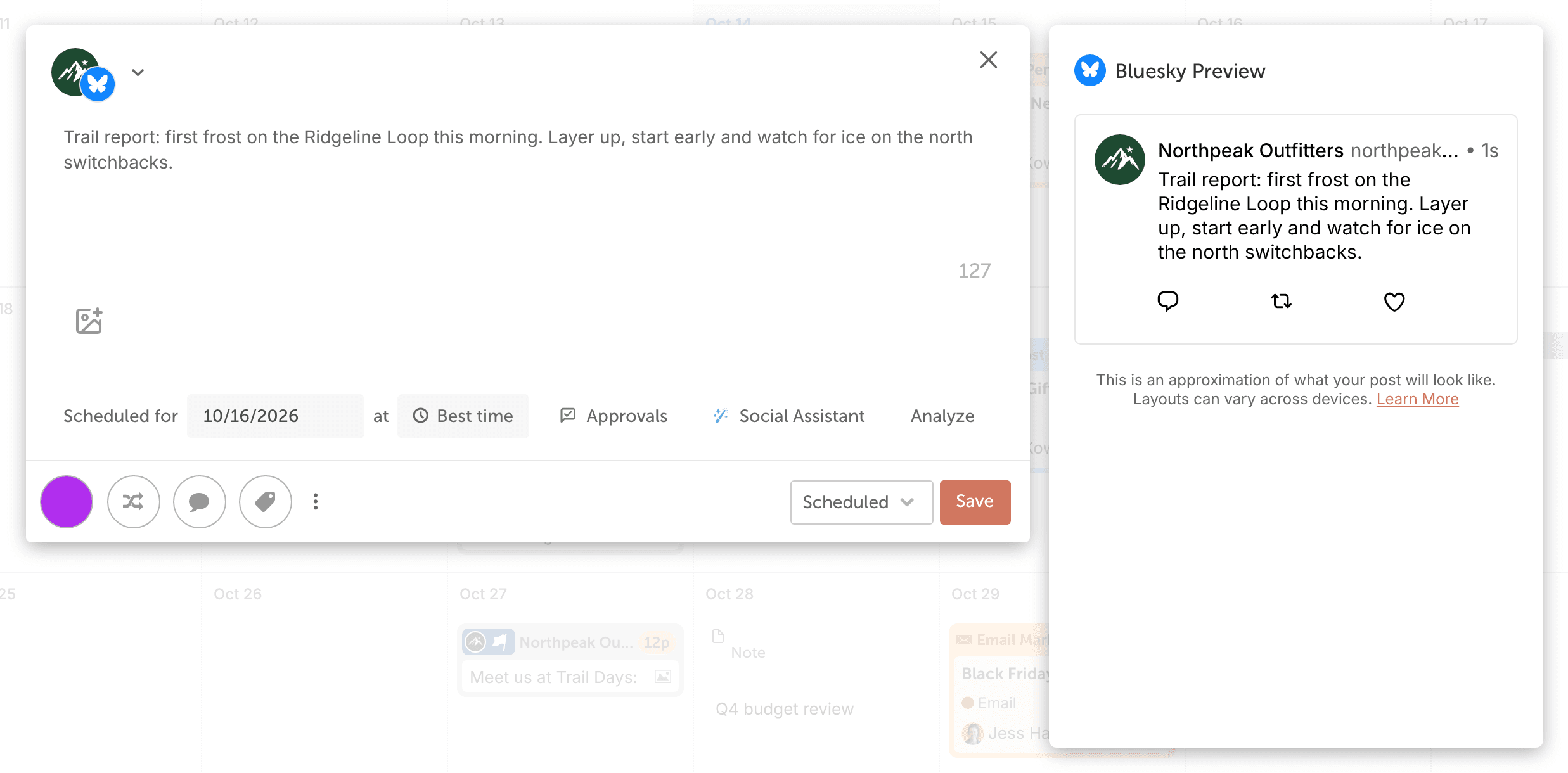 Composer with a Bluesky account selected, showing the message text, character count, media icon and "Bluesky Preview".
