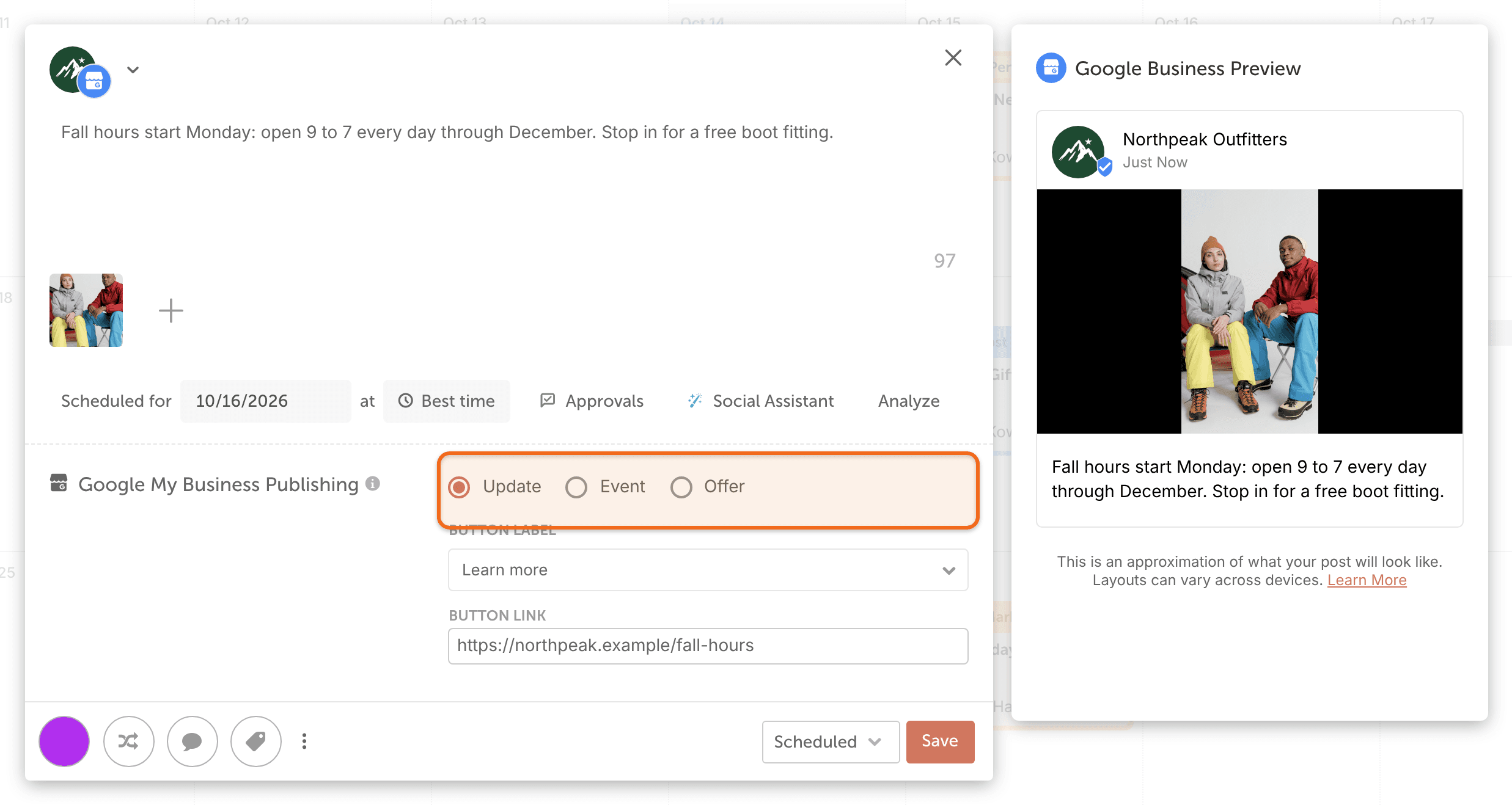Composer with a Google Business Profile selected, showing the "Update", "Event" and "Offer" choices highlighted.