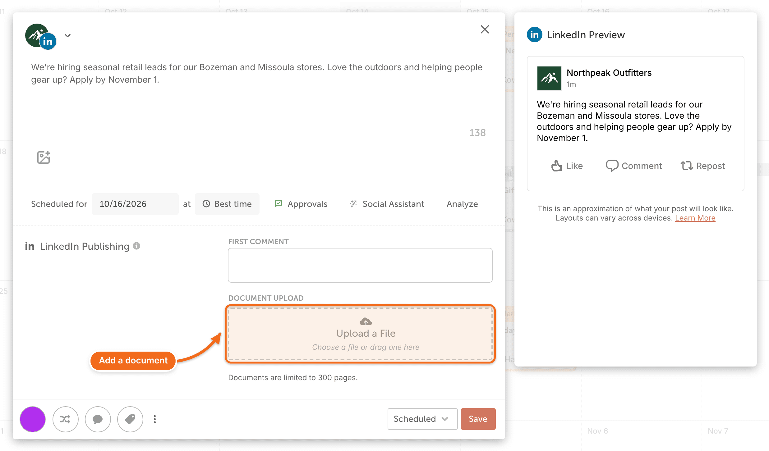 Composer with a LinkedIn Page selected, showing the text box, media icon and the "Document Upload" box.