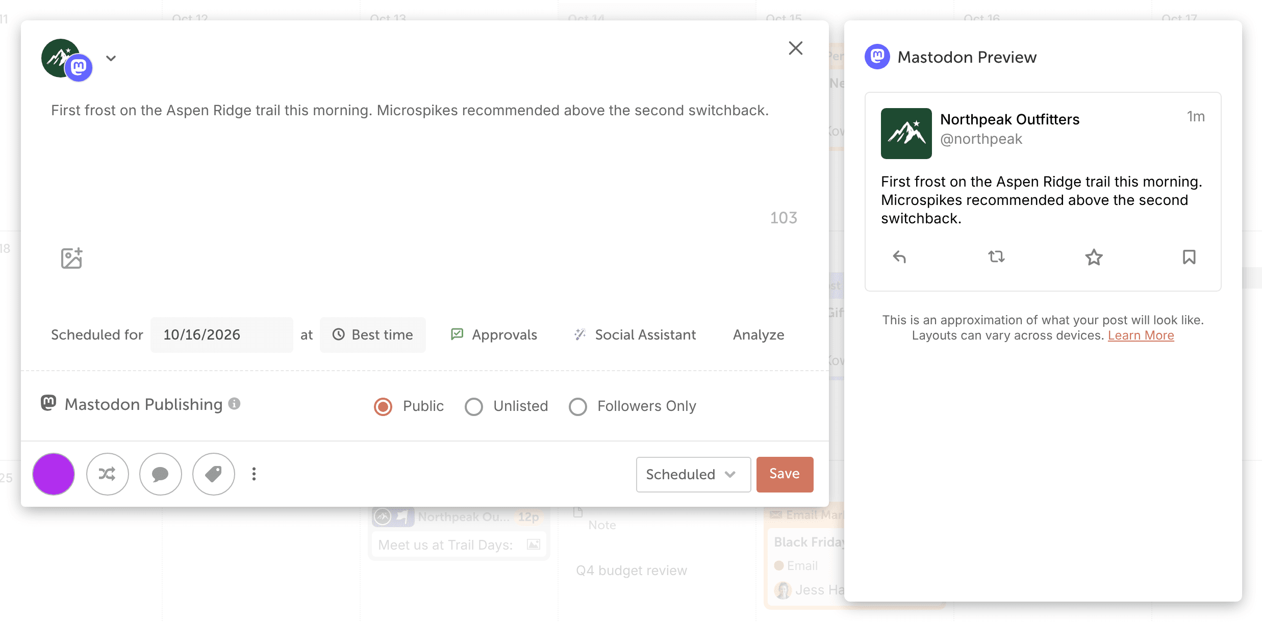 Composer with a Mastodon account, showing the text, character count, and "Public", "Unlisted" and "Followers Only".