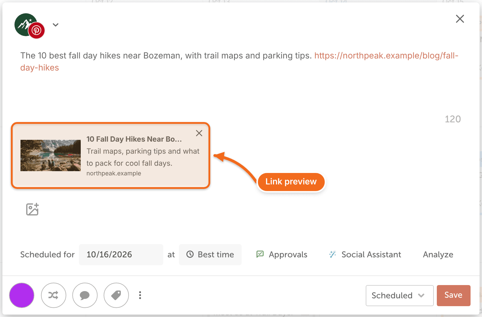 Pinterest message in the composer with a URL in the text and the link preview shown below it.
