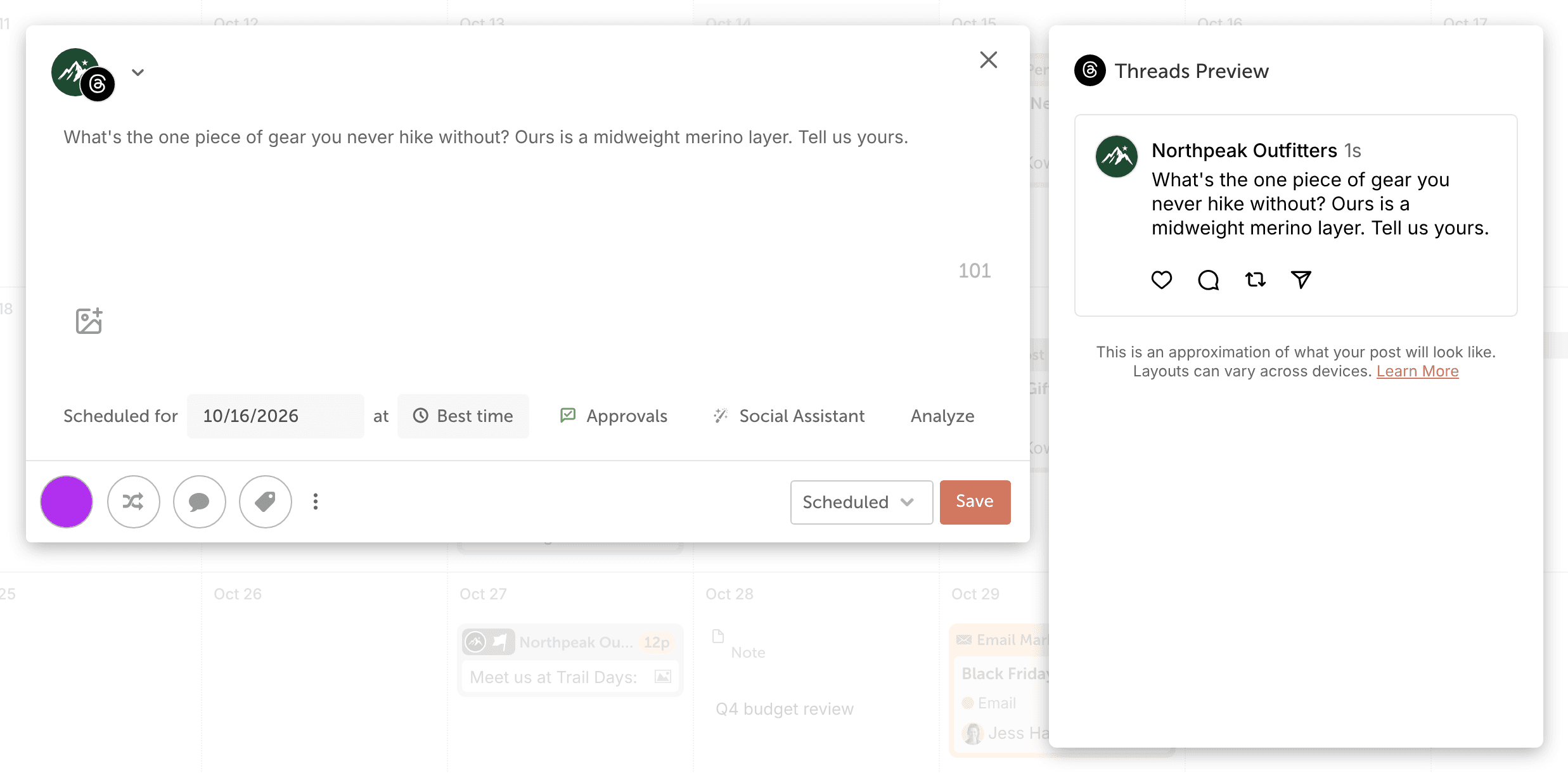 Composer with a Threads account selected, showing the message text, character count, media icon and "Threads Preview".