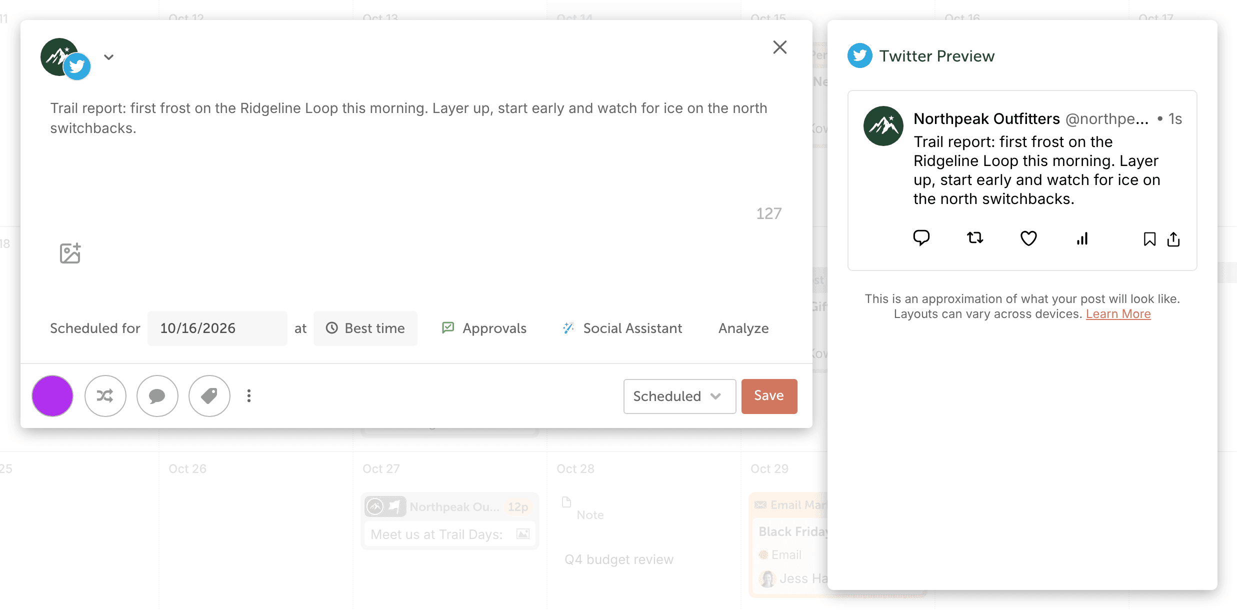 Social composer with an X account selected, showing the message text, character count, media icon and post preview.