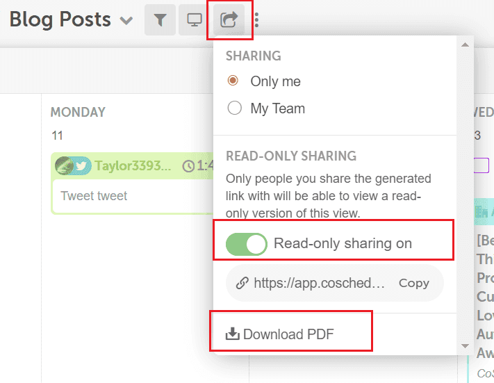 Calendar view share menu with read-only sharing turned on and options to copy the link or download a PDF.