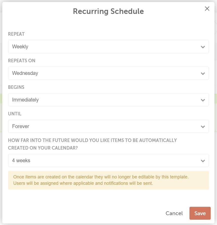 Recurring Schedule window for a template, with how often it repeats, when it begins and ends, and how far ahead to schedule.