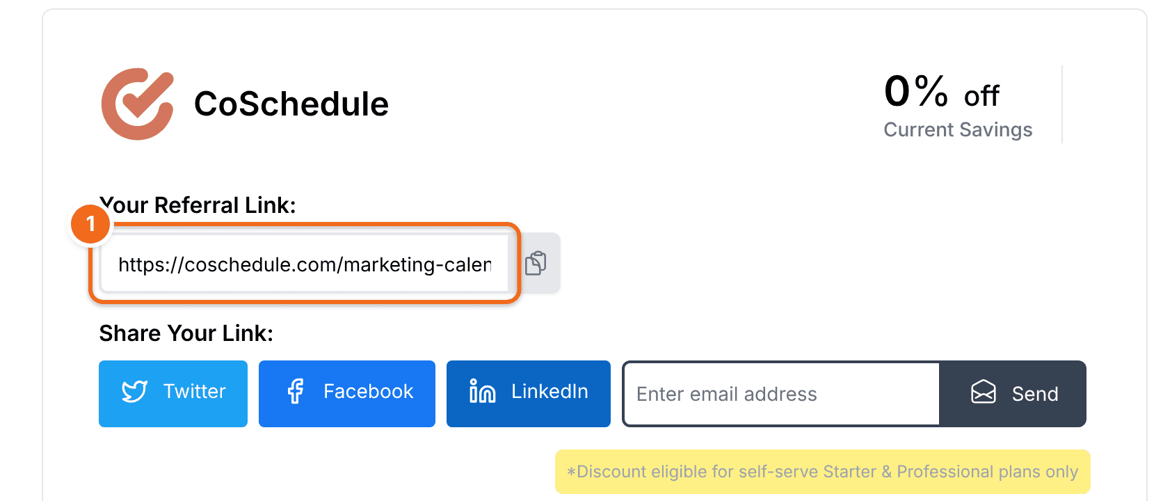 The Savings page with "Your Referral Link" highlighted and the copy button beside it.