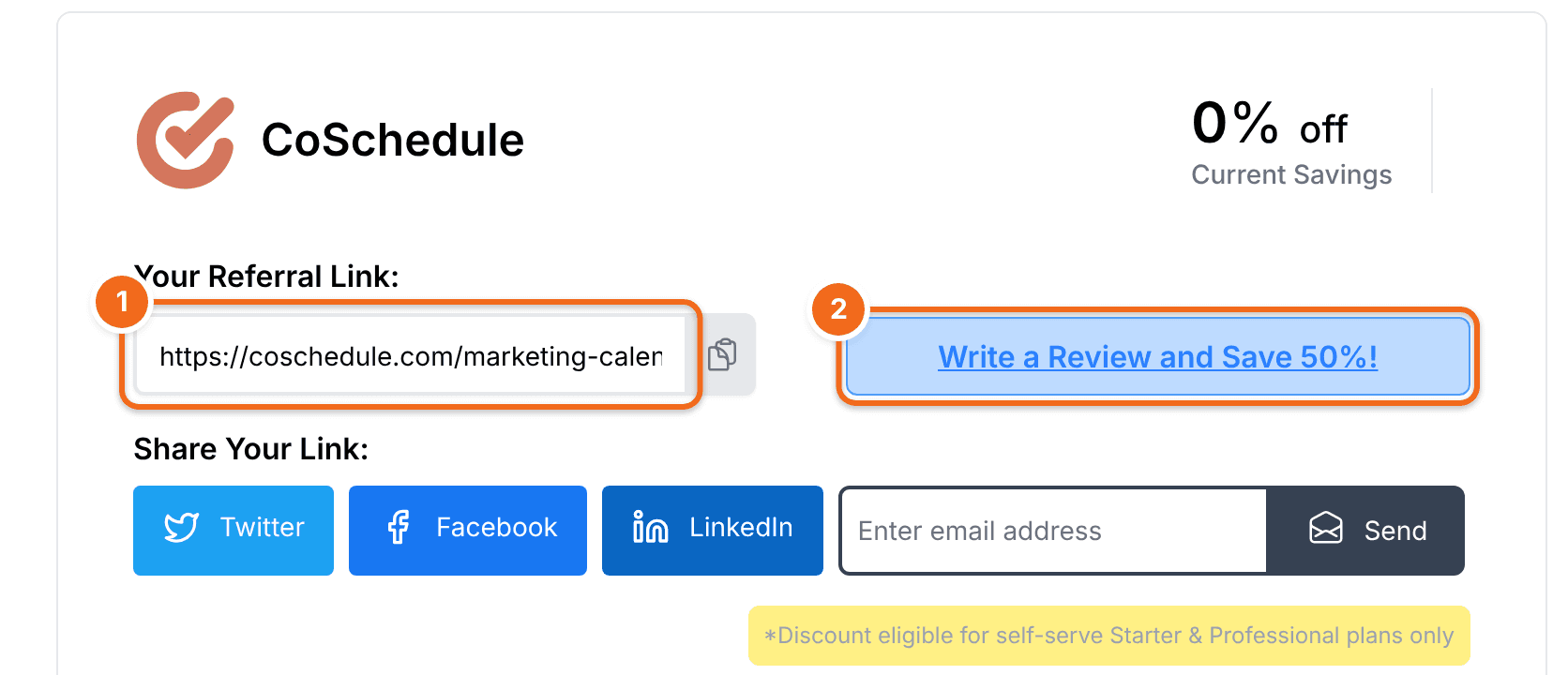 The Savings page with "Your Referral Link" and the button to write a review.