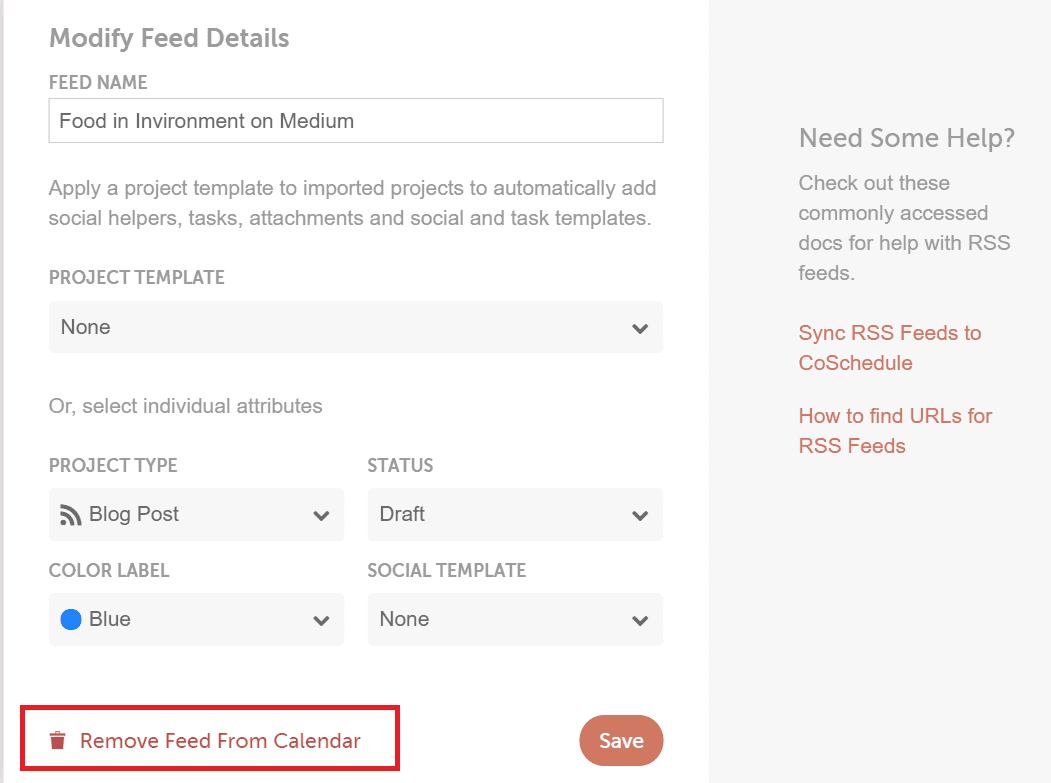 Editing an RSS feed in CoSchedule with the Remove Feed From Calendar option.