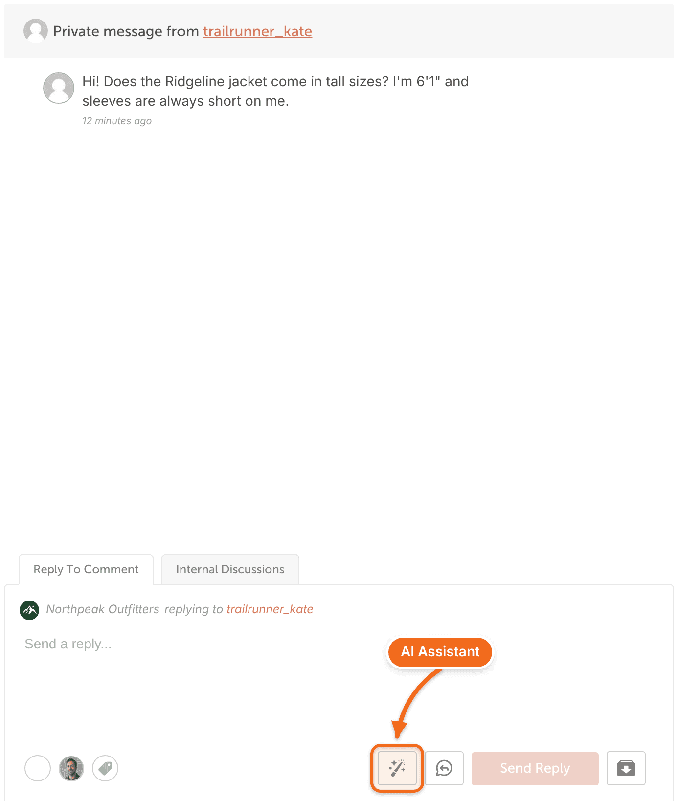 An open Social Inbox conversation with the AI Assistant wand icon highlighted in the reply box.