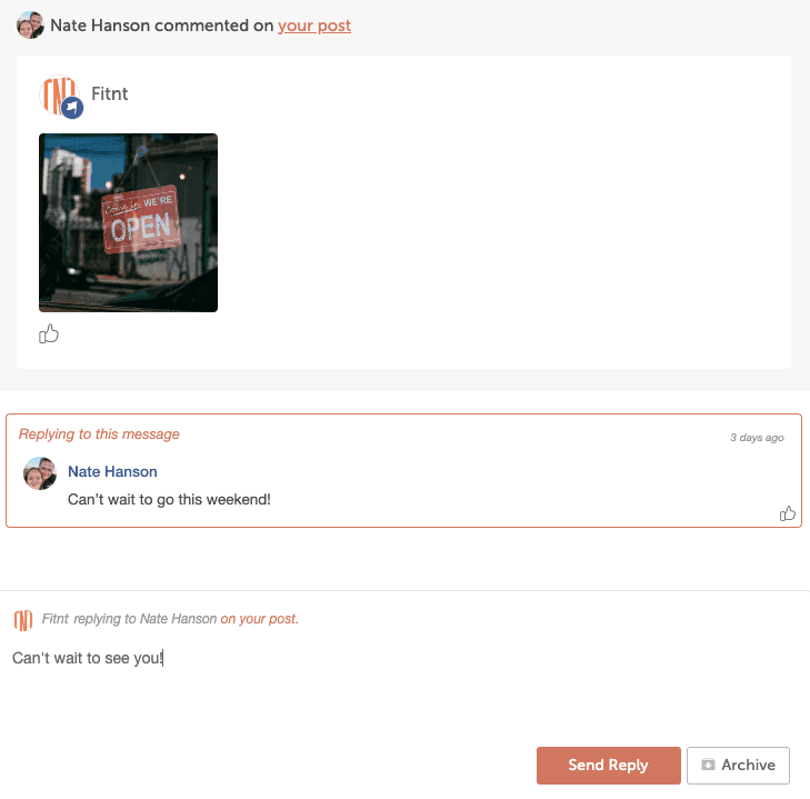 An open item in Social Inbox with the reply box below it, ready to like, reply or assign the conversation.