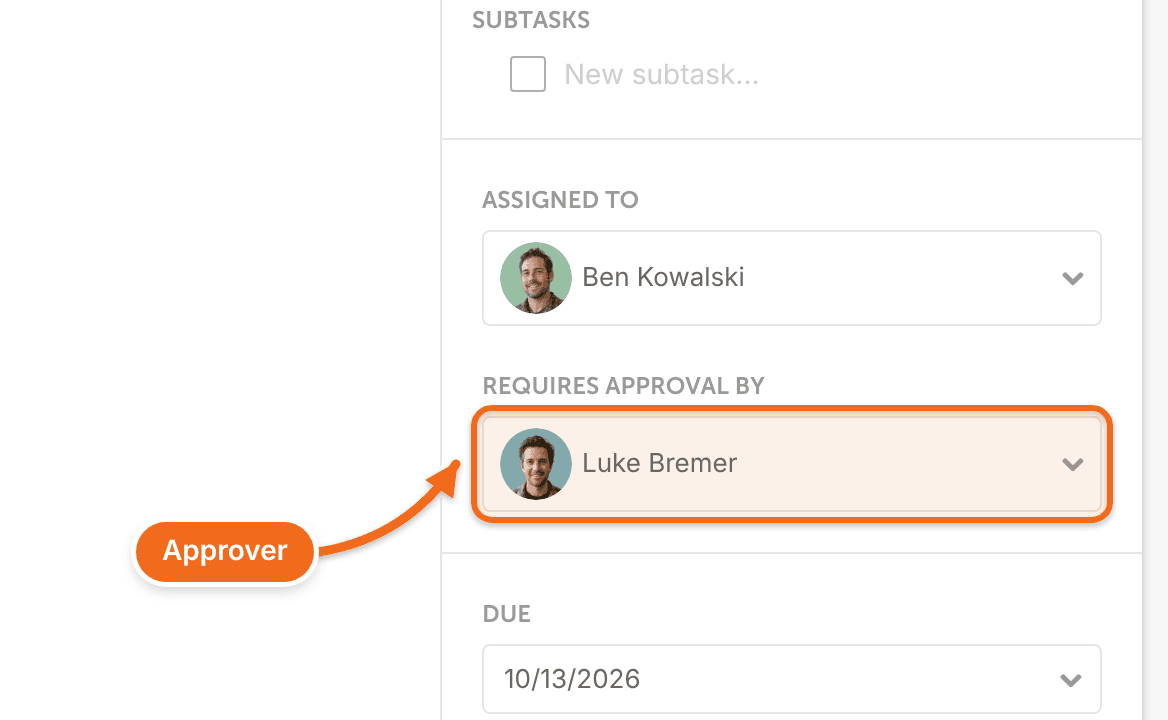 The Requires Approval By field in a task's advanced options, with an approver selected.