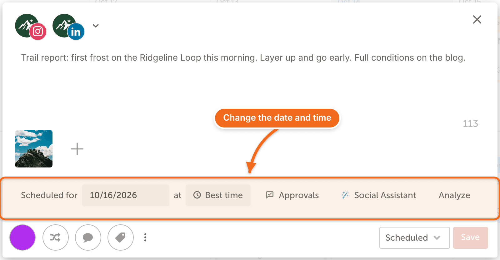 The date and time fields at the bottom of an open social message, next to its Scheduled status.