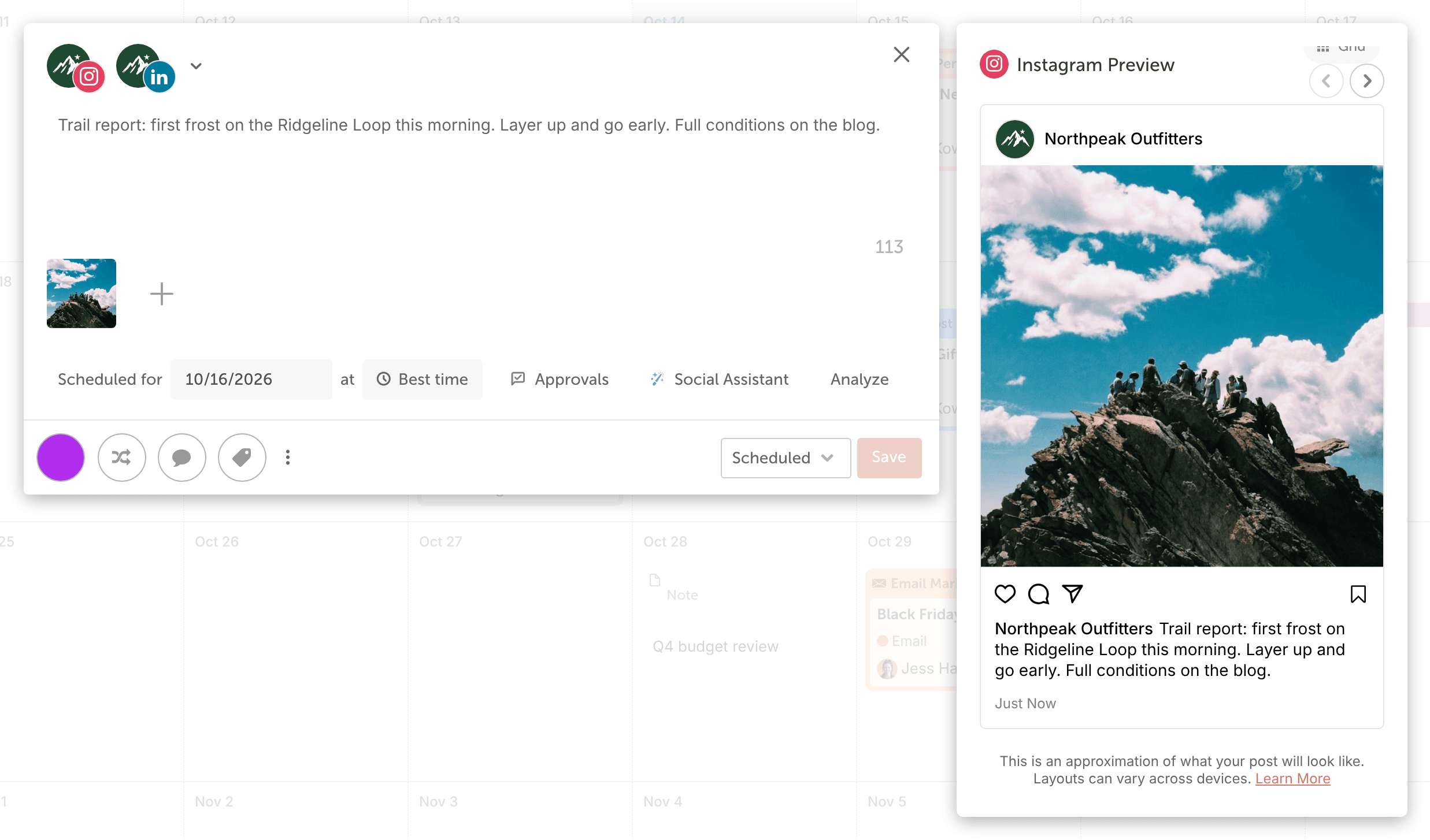 A scheduled social message opened from the calendar, ready to change its date and time.
