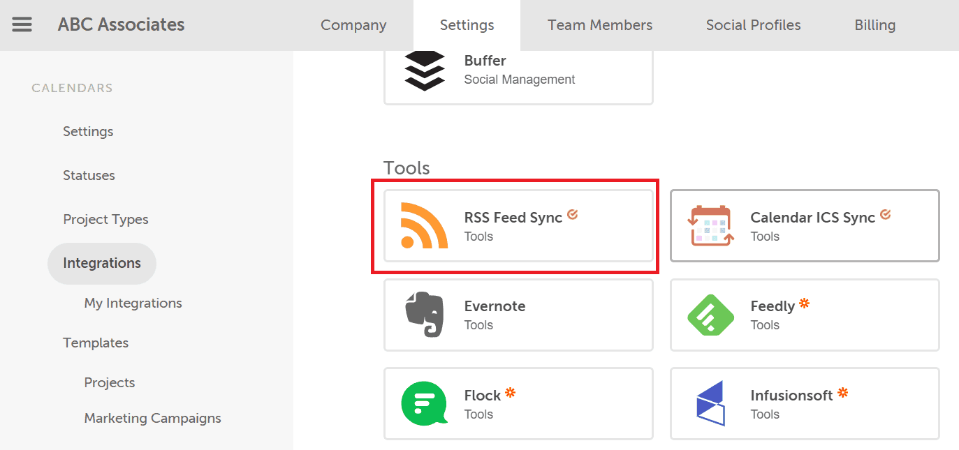RSS Feed Sync card in CoSchedule's Settings > Integrations with the Enable button.