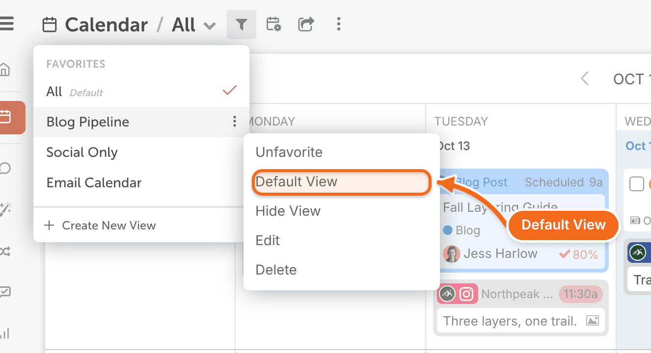 Menu opened from the vertical ellipsis next to a calendar view's name, with the Default View option.