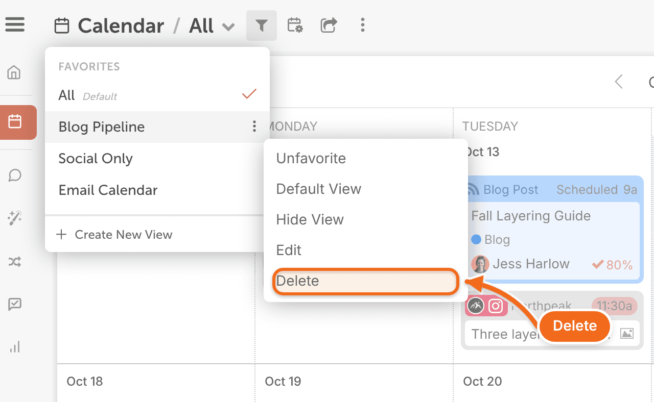Menu opened from the ellipsis next to a calendar view's name, with the Delete option.
