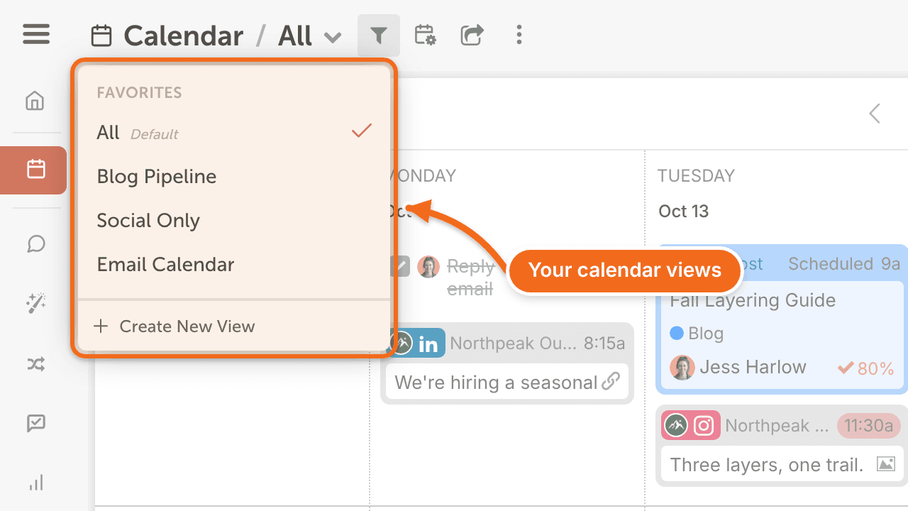 Calendar views list opened from the view name at the top of the calendar, showing favorite views and Create New View.