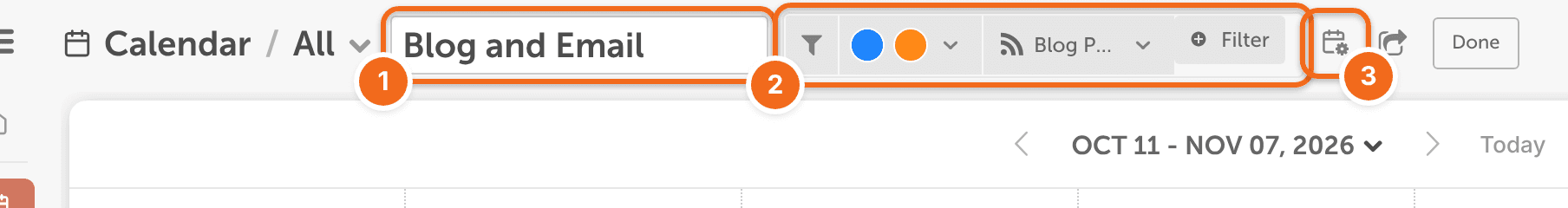 A new calendar view being set up: its name field, the filters, and the Calendar Display Settings icon.