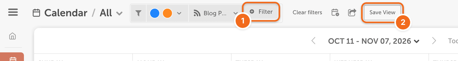 Calendar filters selected at the top of the calendar, with the Filter button to add more and the Save View button.