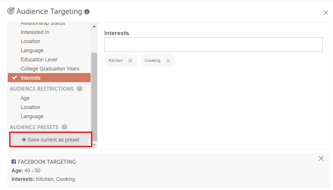 Audience targeting in a social message with Save current as preset to reuse the chosen parameters.