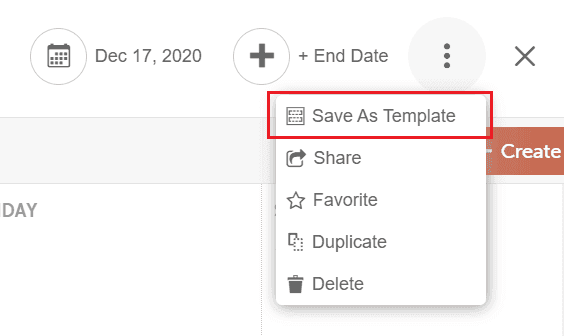 Marketing campaign's ellipsis menu open with Save as Template highlighted.