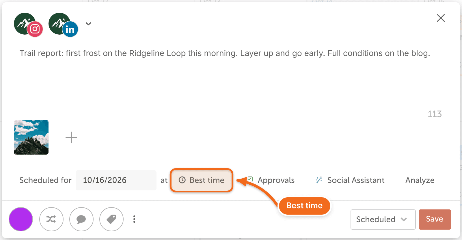 The Best time button next to the date in the social message composer.