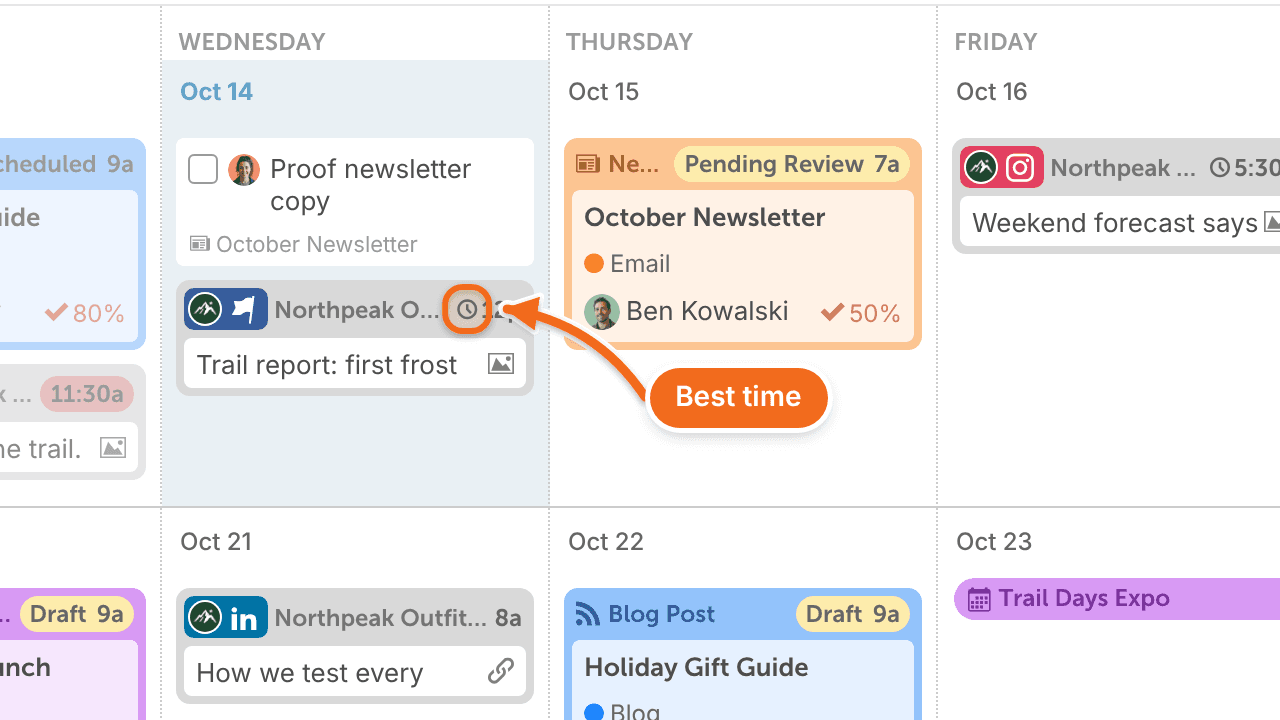 The clock icon on a calendar social message that's scheduled with Best time.