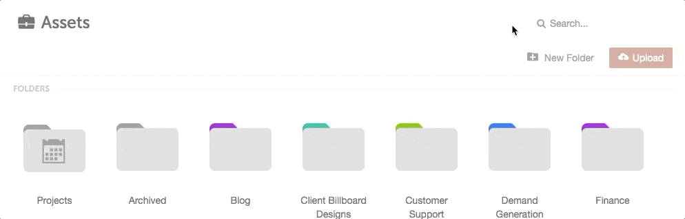 Typing a name in the Assets search field and pressing Enter to show matching files and folders.