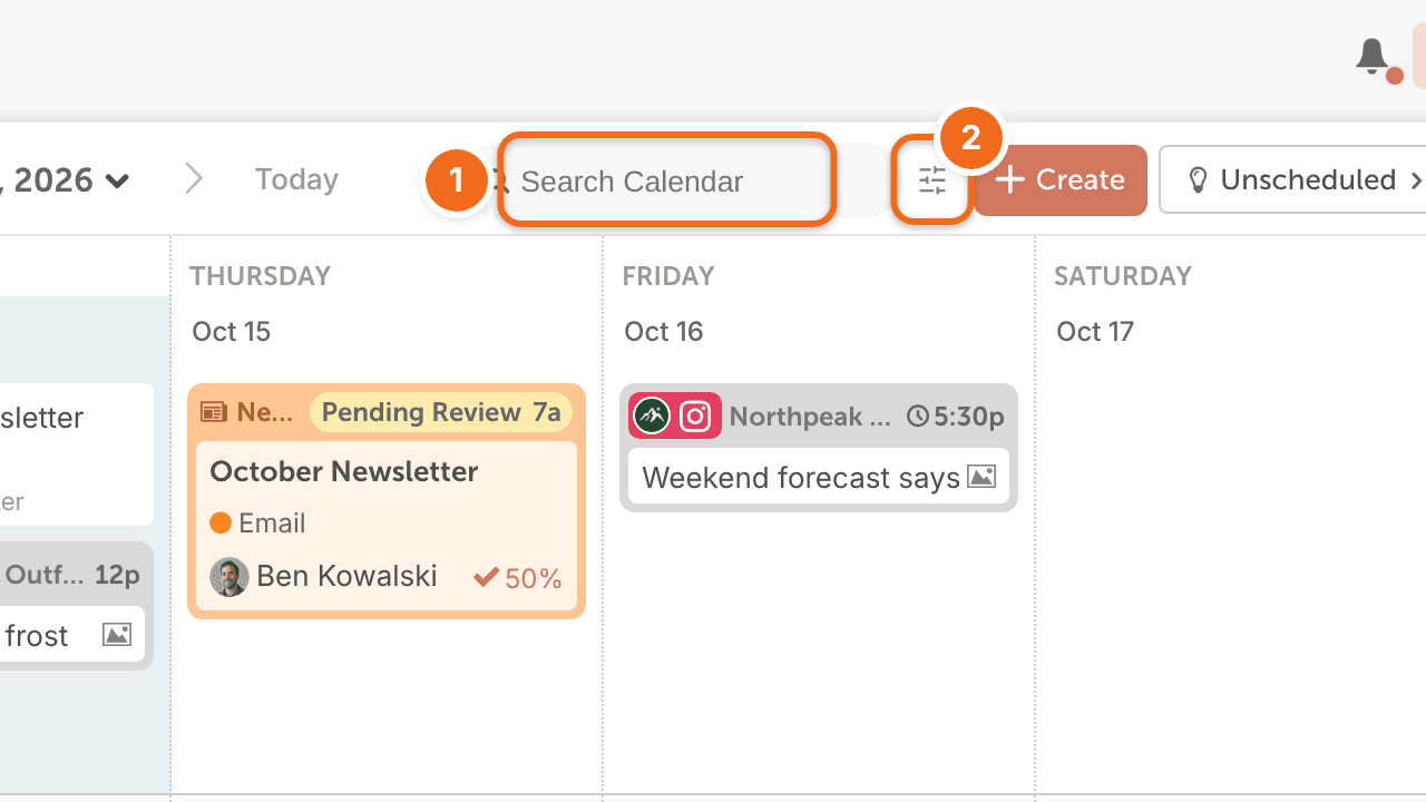 The Search Calendar field at the top of the calendar and the Advanced Search icon beside it.
