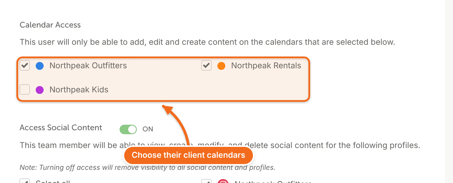 Team member edit page with checkboxes to choose which client calendars the person can access.