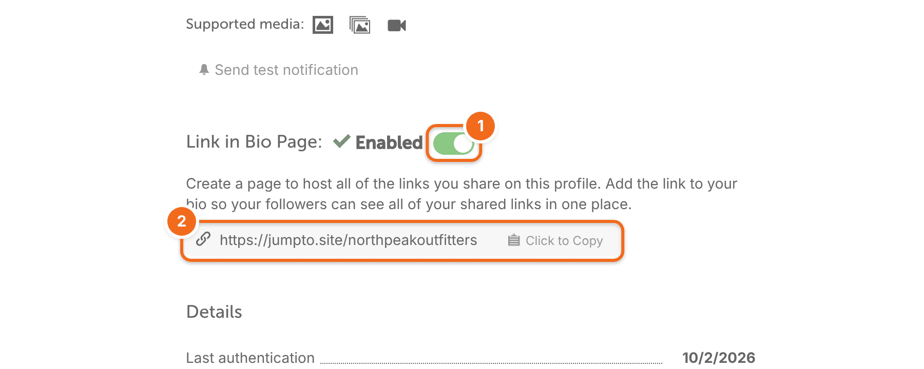 Instagram profile settings with "Link in Bio Page" turned on and the page URL with "Click to Copy" shown.