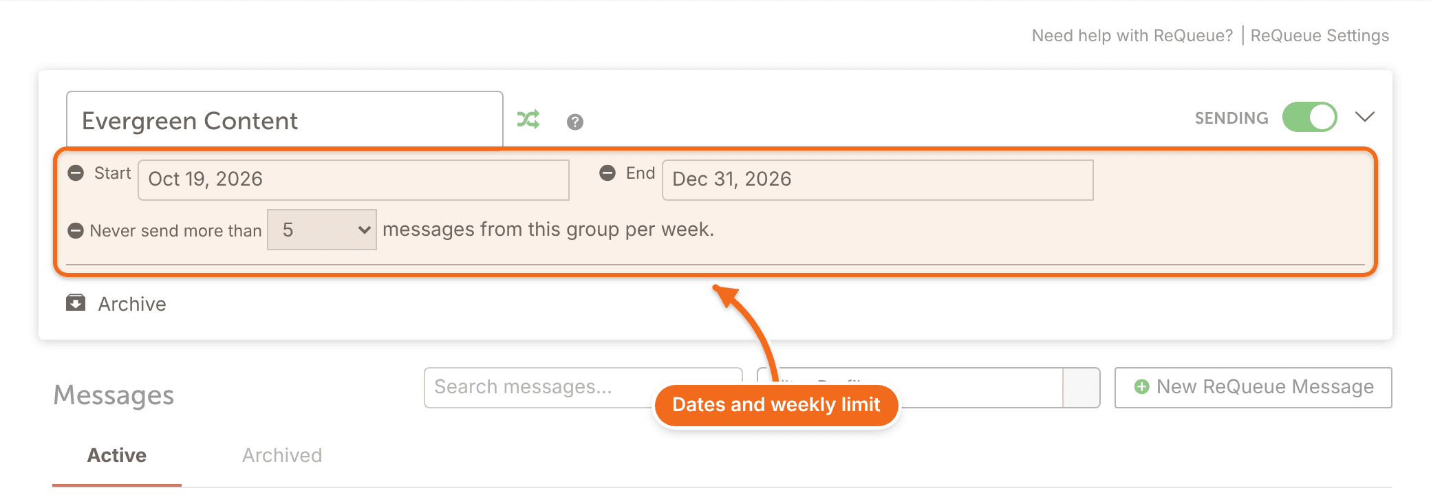 Settings for the Evergreen Content intelligent group, with a start date, an end date and a weekly message limit.