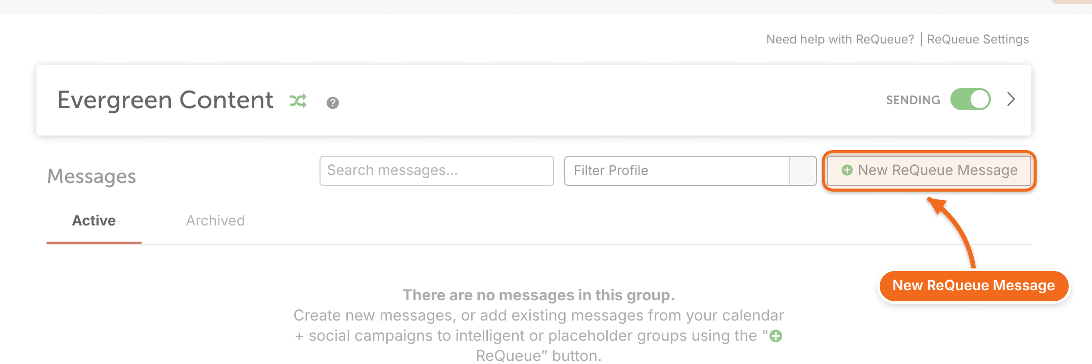 An open ReQueue group with the New ReQueue Message button for writing a message straight into the group.
