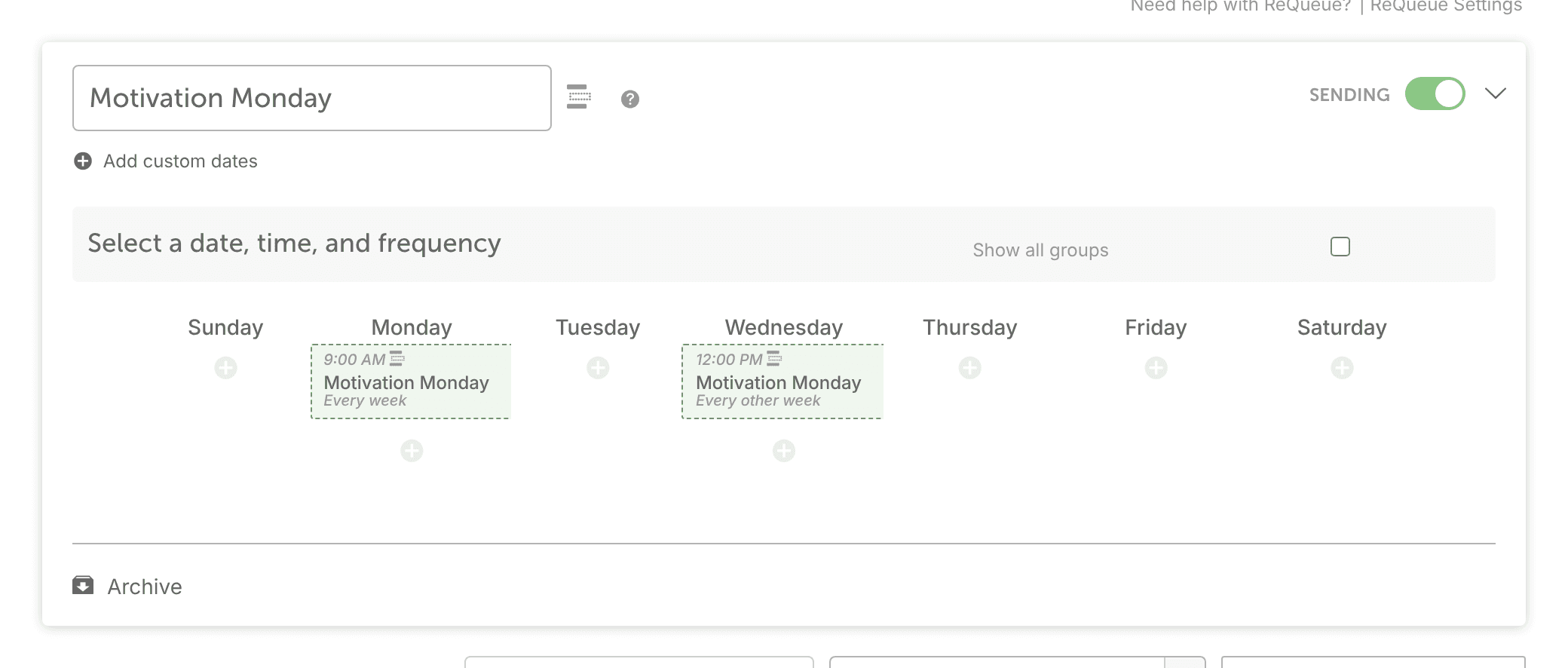 Settings for the Motivation Monday placeholder group, with the days and times it publishes.