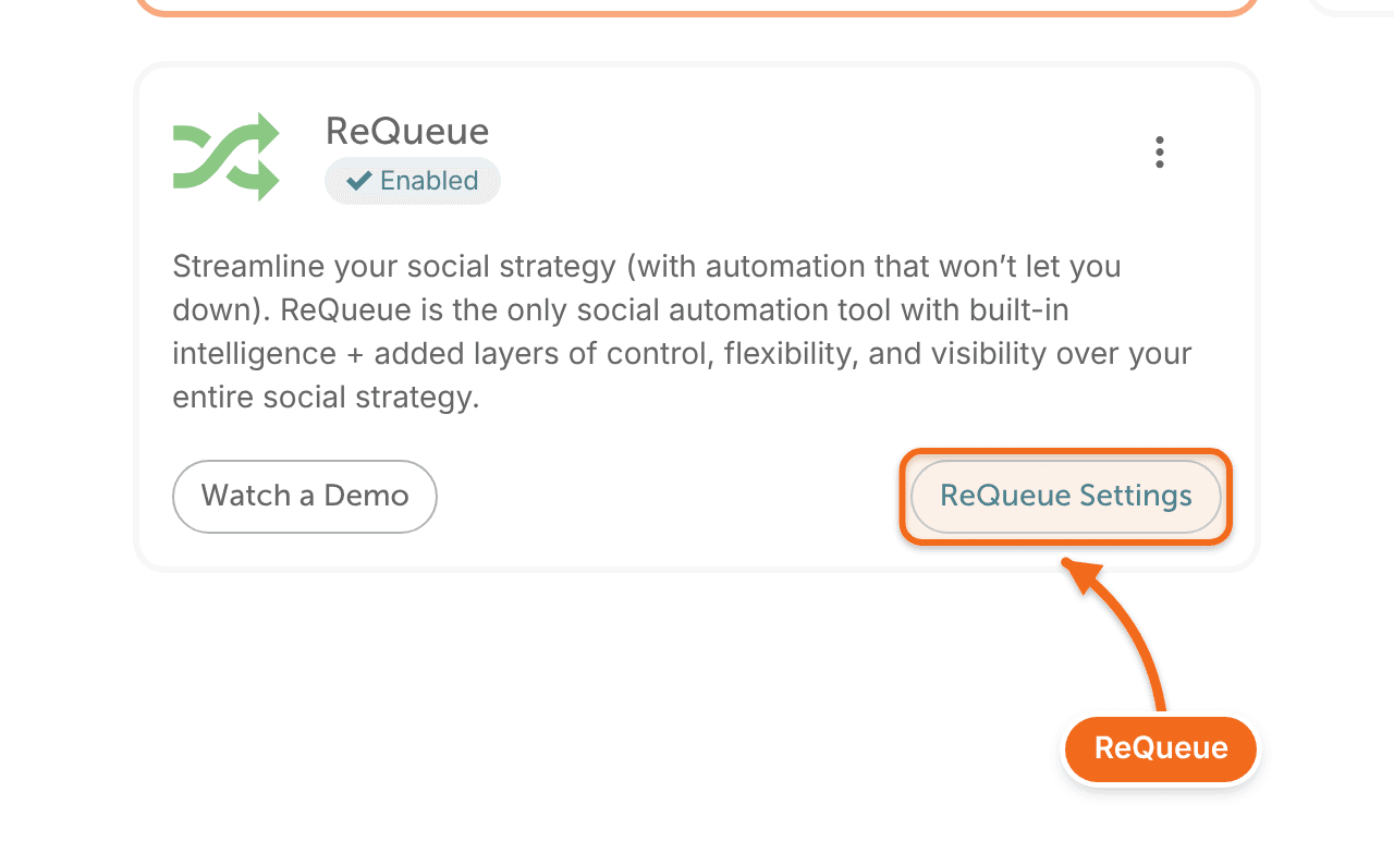 The ReQueue tile on the Power Ups page, with the ReQueue Settings button.