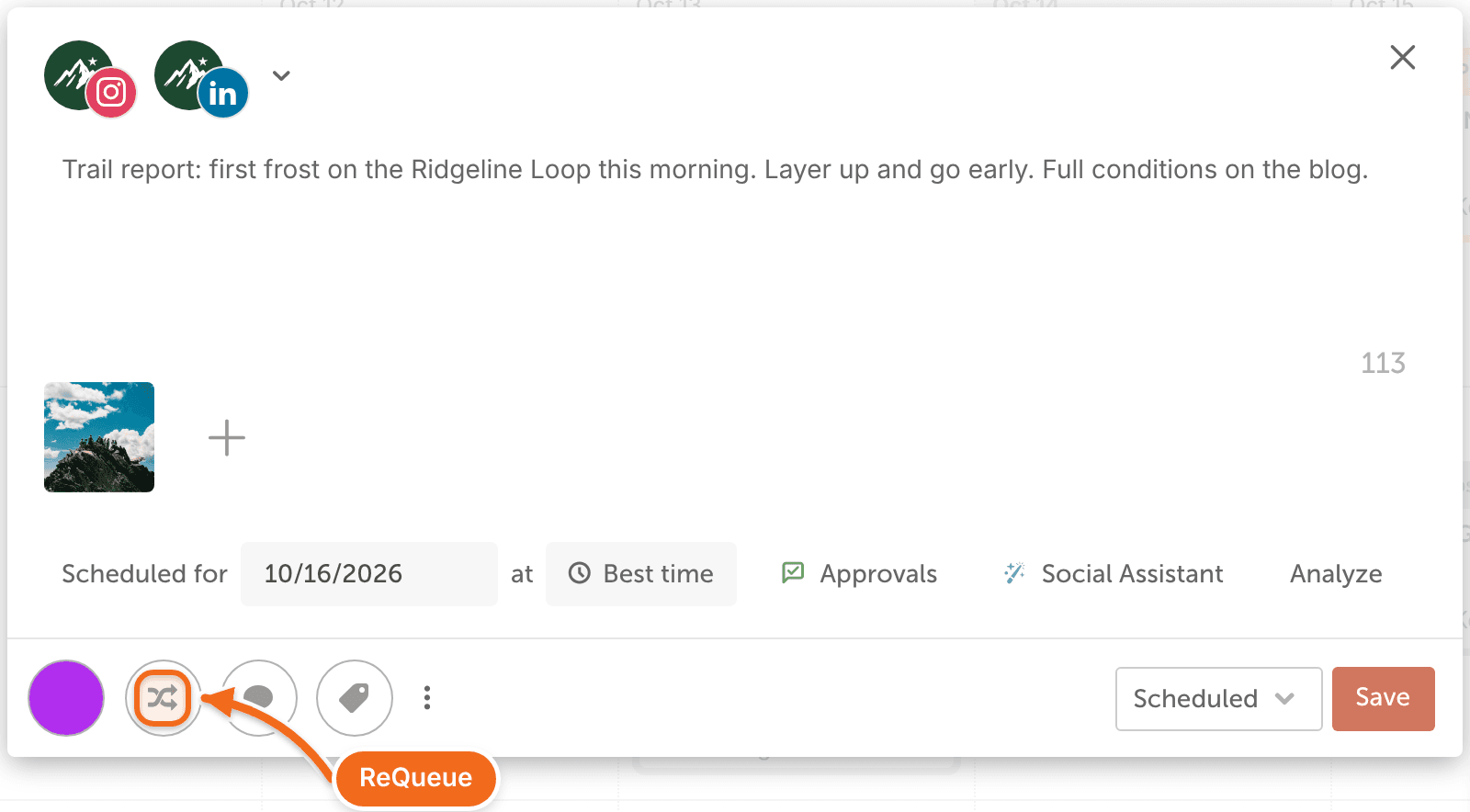 The ReQueue icon in the lower left of the social message composer.